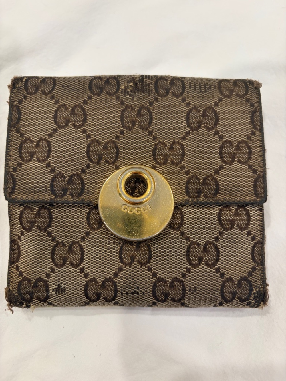 Vintage Gucci Monogram Canvas Compact Wallet w/ Gold Hardware authentic